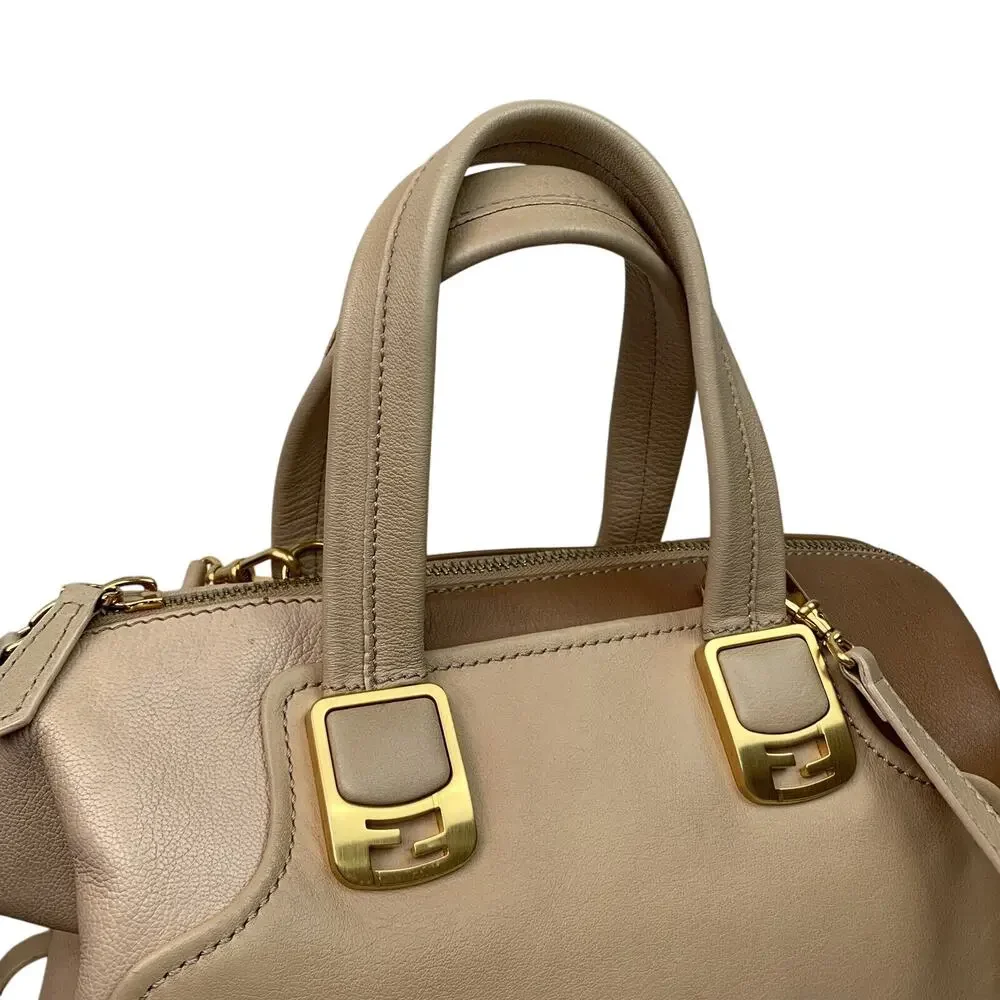 FENDI Chameleon Tri Nude Beige Tan Camel Leather Satchel Top Handle Bag Strap